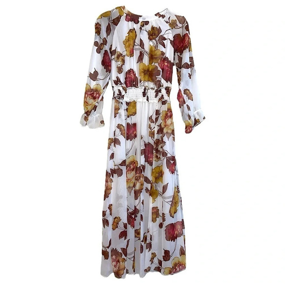 kate and lilly Dresses & Skirts - Vintage White Dark Fall Floral Puff Sheer Sleeve Modest Neck Flowy Midi Dress 6